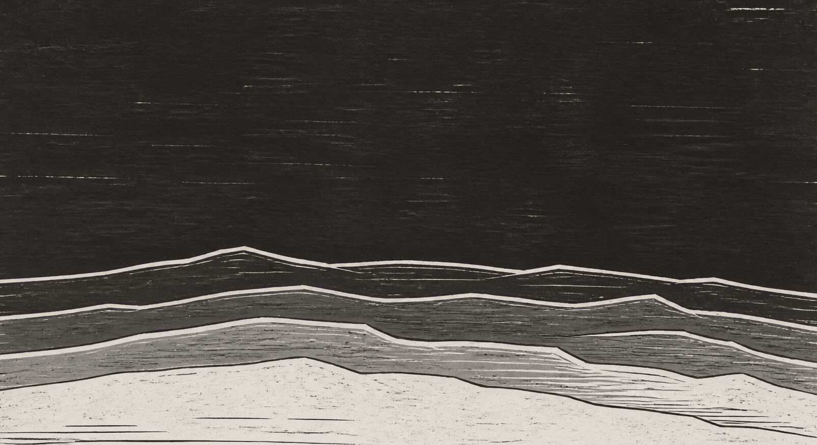 An inverted woodcut print of layered mountain ridges.